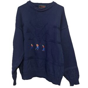 VTG LAKELAND Canada Chunky 3D Knit Sweater Men's L Golf Club Pattern Navy Golfer